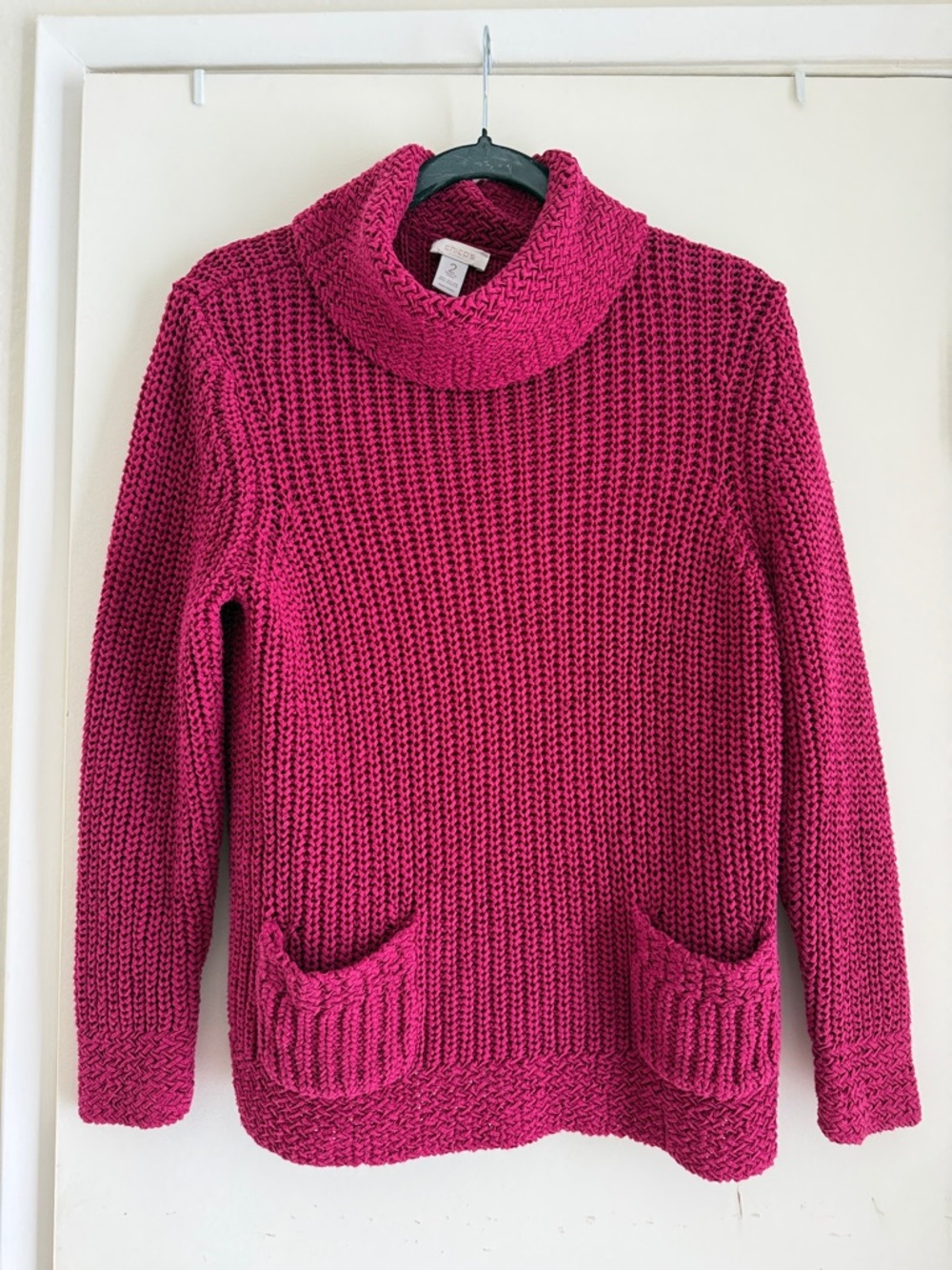 Chico’s Waffle Knit Funnel Neck Sweater in Raspberry Pink size 2